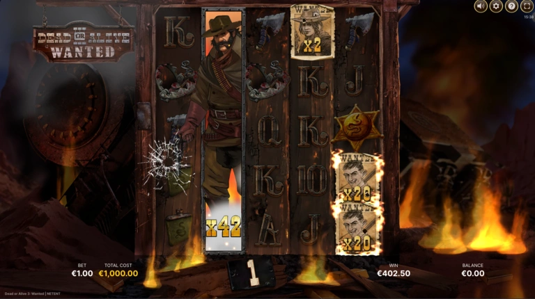 Dead or Alive 3 Wanted Super Free Spins sırasında yüksek çarpanlı Wild’lar