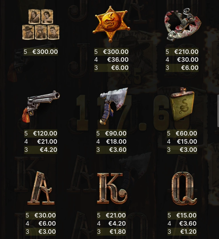 Dead or Alive 3 Wanted sembol değerlerini ve ödemeleri gösteren ödeme tablosu